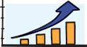 Bar graph with increasing orange bars and a blue upward arrow, showing growth.