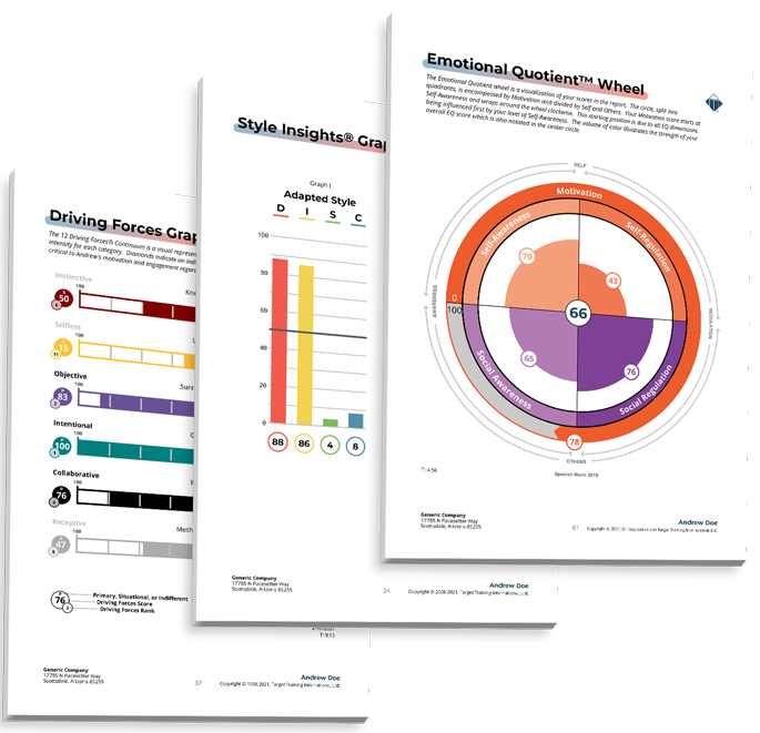 Three personality assessment reports: Driving Forces, Style Insights, and Emotional Quotient wheel.