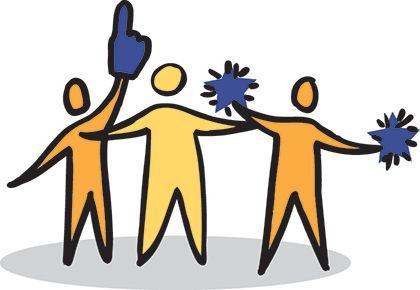 Three stylized people celebrating with a blue foam finger and blue star-shaped items.