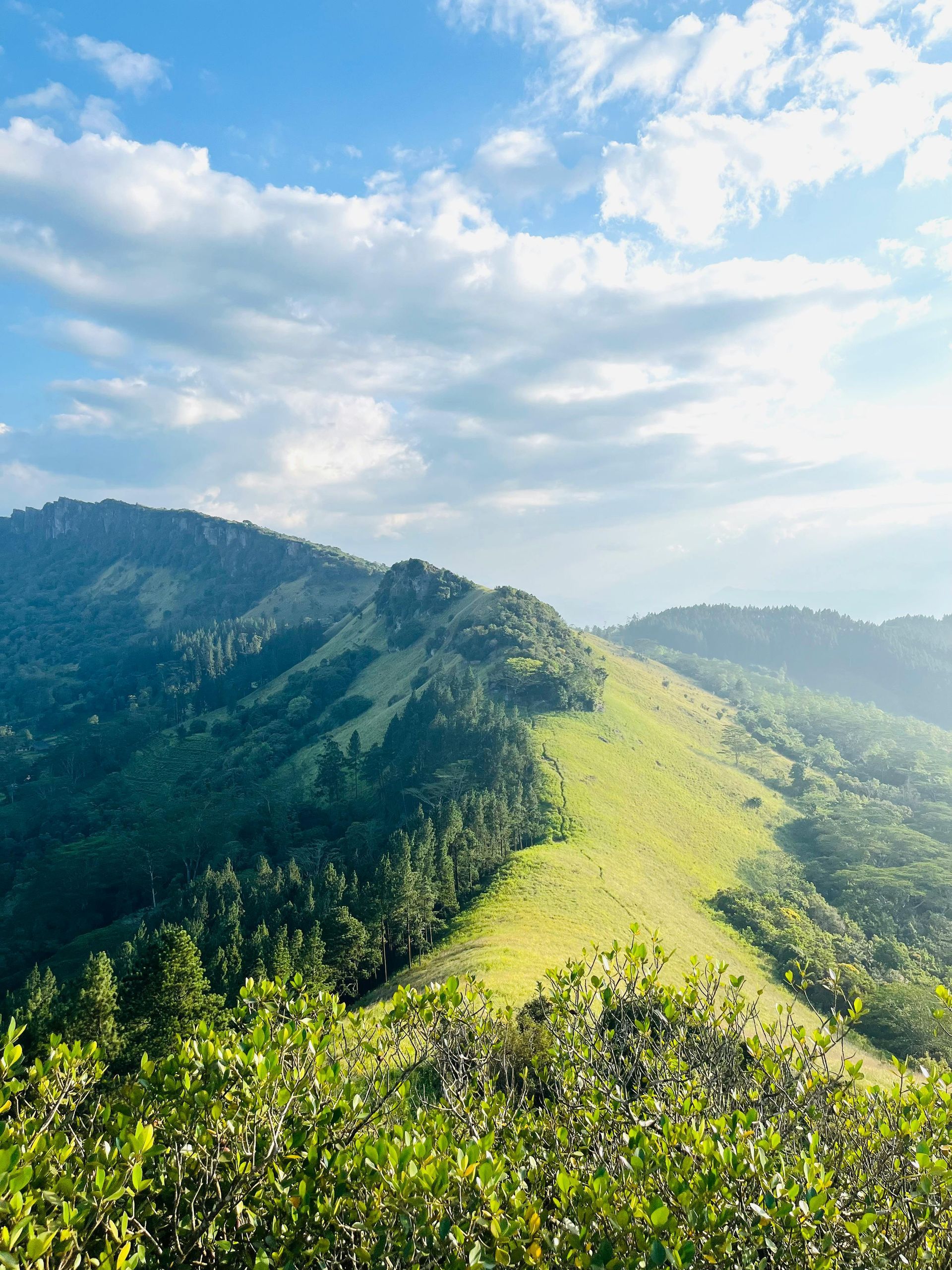 Green mountain ridge under a partly cloudy blue sky, with lush vegetation and sunlight.
