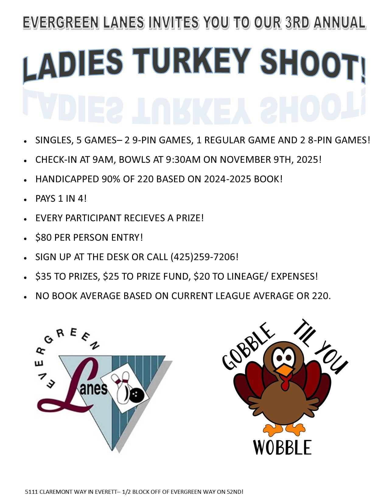 Flyer for Evergreen Lakes' 3rd Annual Ladies Turkey Shoot: Bowling event on November 8th with prizes.