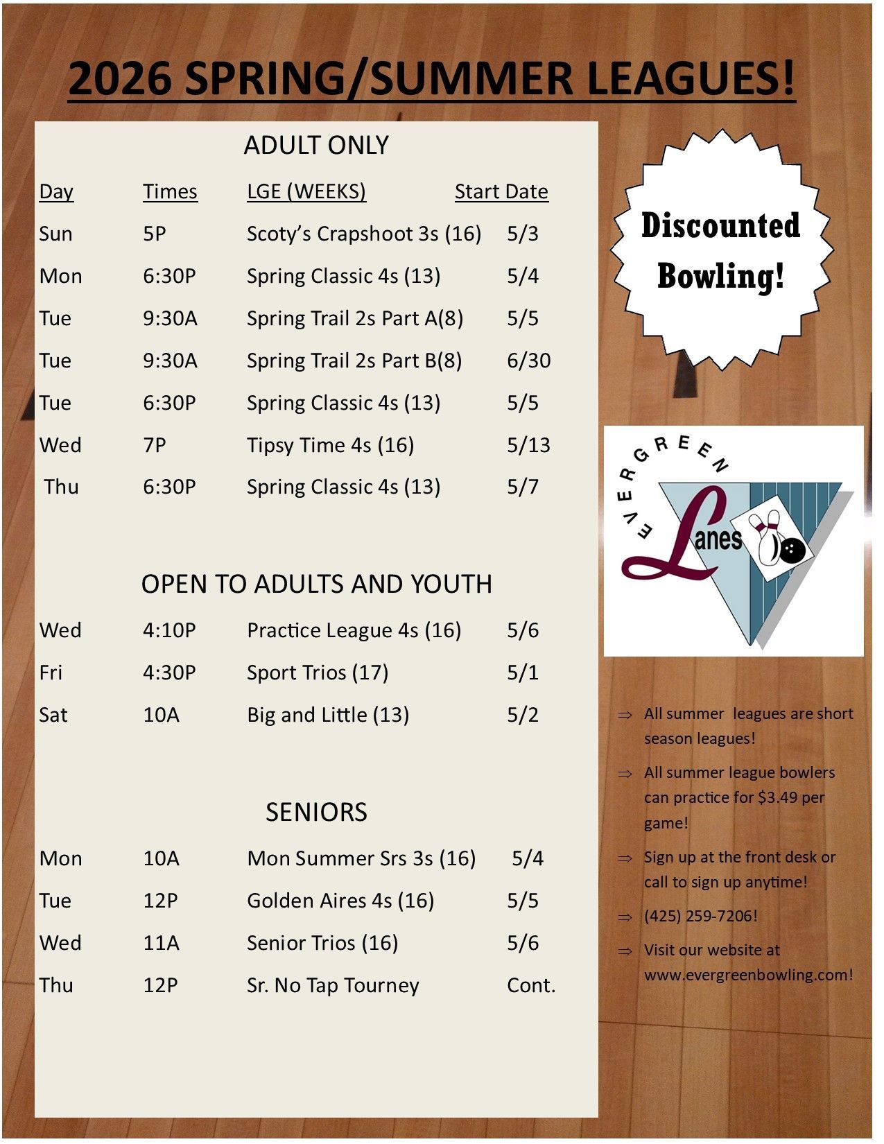 A 2024/2025 fall league schedule includes discounted bowling