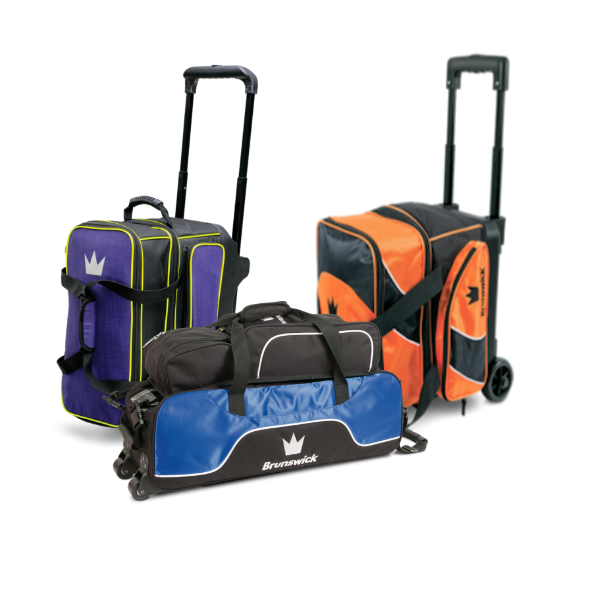 Three bowling bags with wheels and handles on a white background