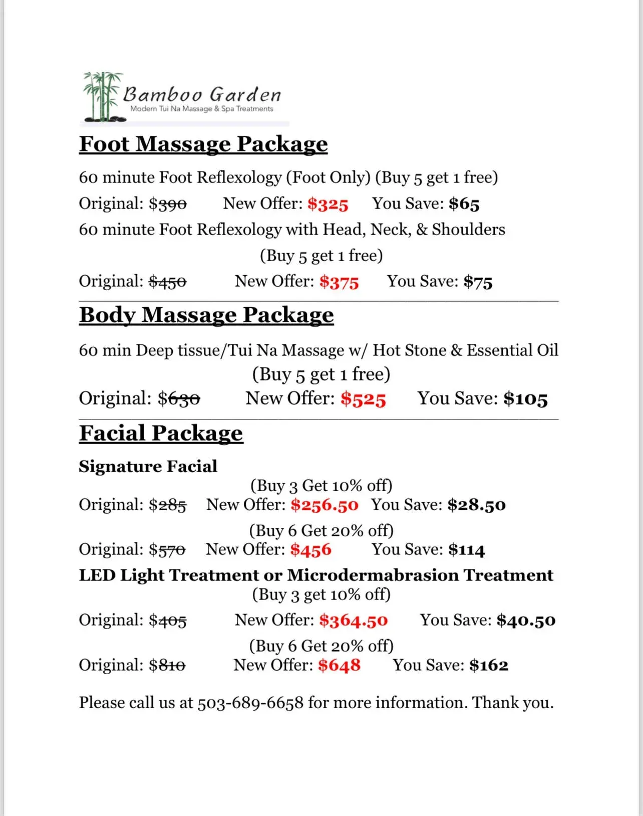 Spa price list: foot, body, & facial packages, with original & sale prices.