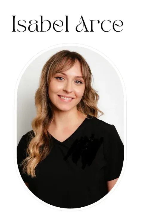 Isabel Arce smiles at the camera, wearing a black top, oval portrait.