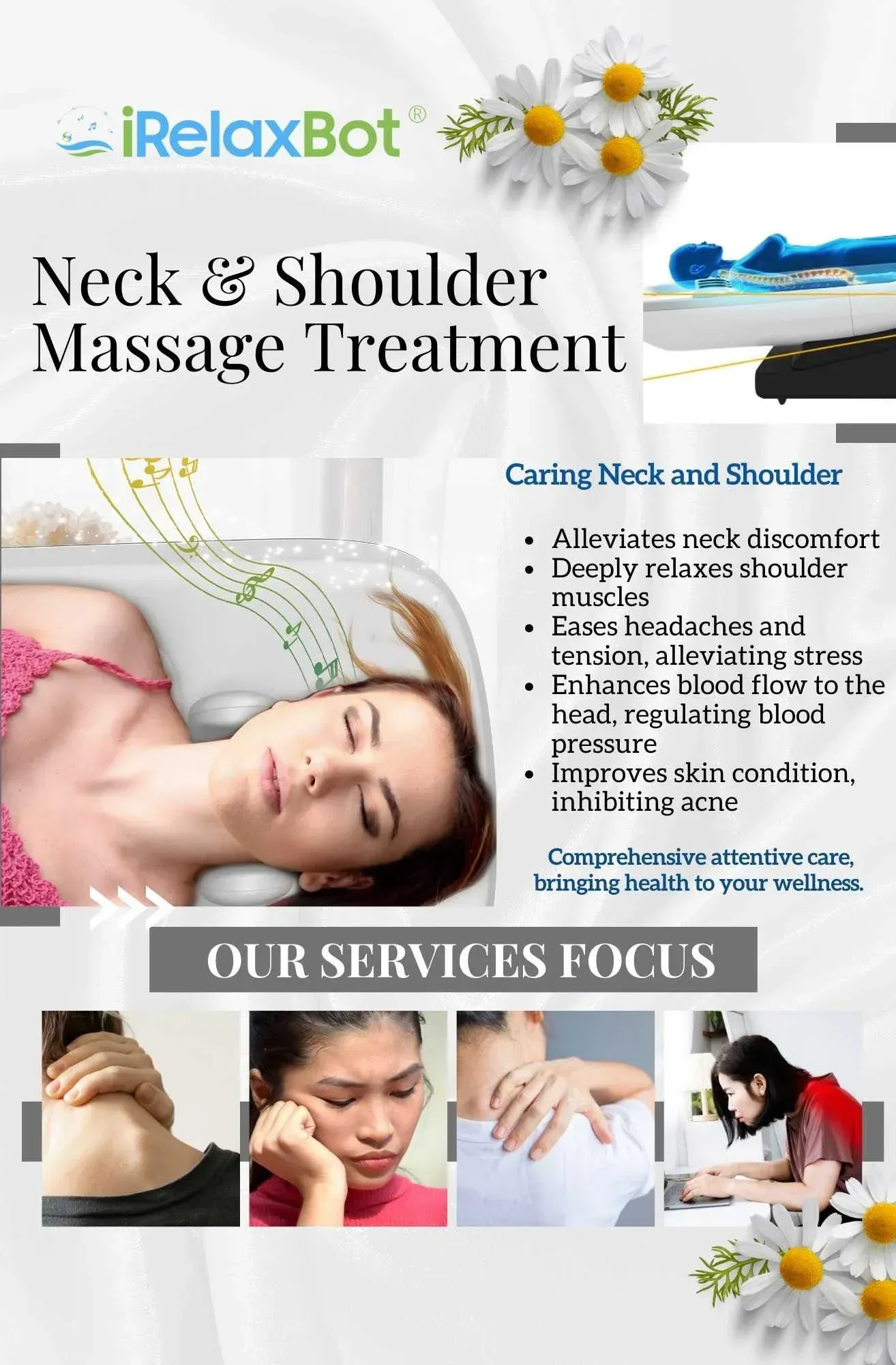 Advertisement for neck & shoulder massage treatment, woman receiving treatment, focus on neck and shoulder health.