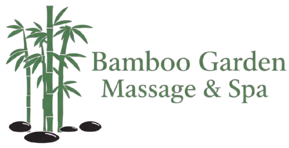 Logo for Bamboo Garden Massage & Spa with bamboo stalks, stones, and text.