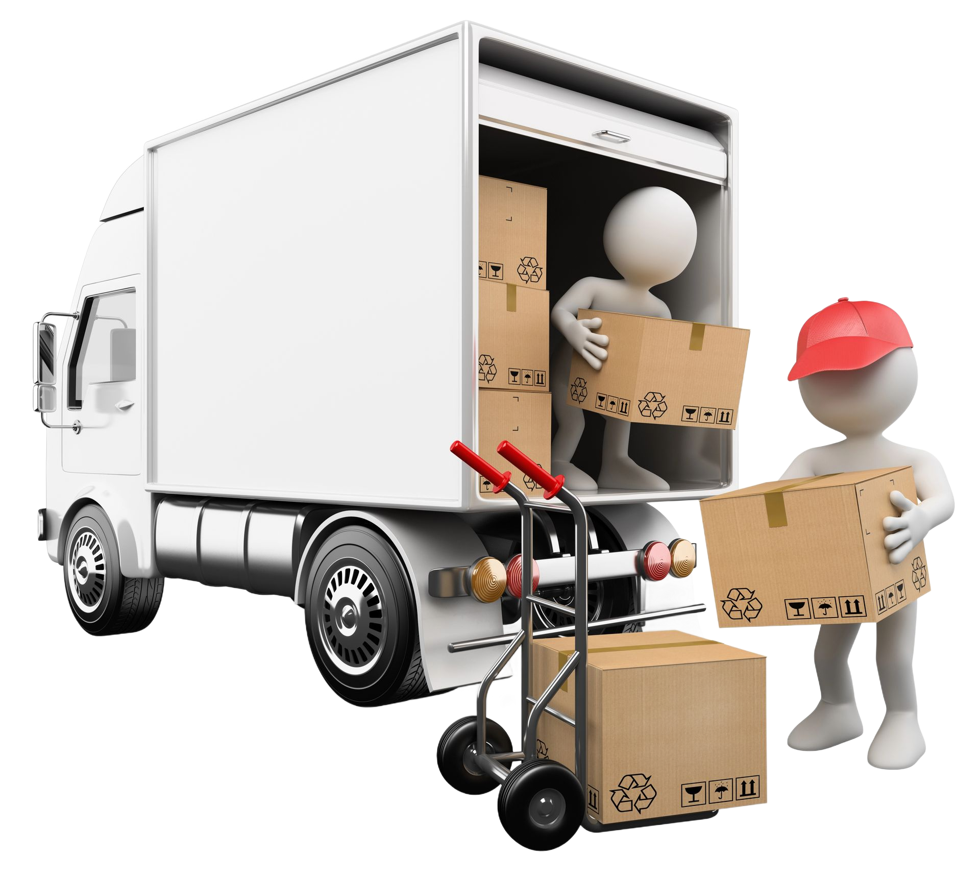 Due figure stilizzate caricano scatole su un camion bianco per traslochi; una usa un carrello a mano.