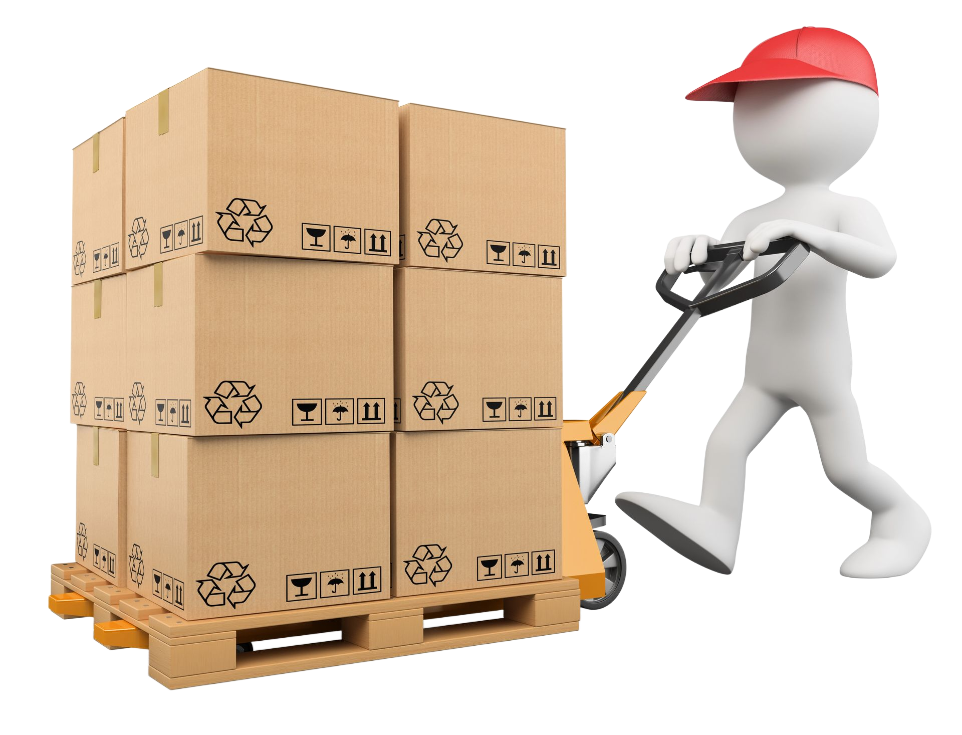 Persona con berretto rosso che utilizza un transpallet per spostare scatole di cartone su un pallet di legno.