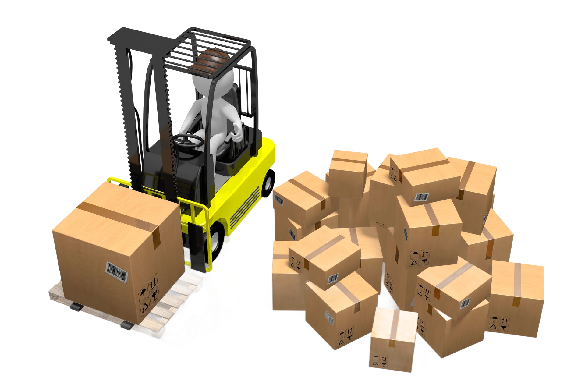Carrello elevatore giallo che carica un pallet con una scatola; pila di scatole sulla destra.