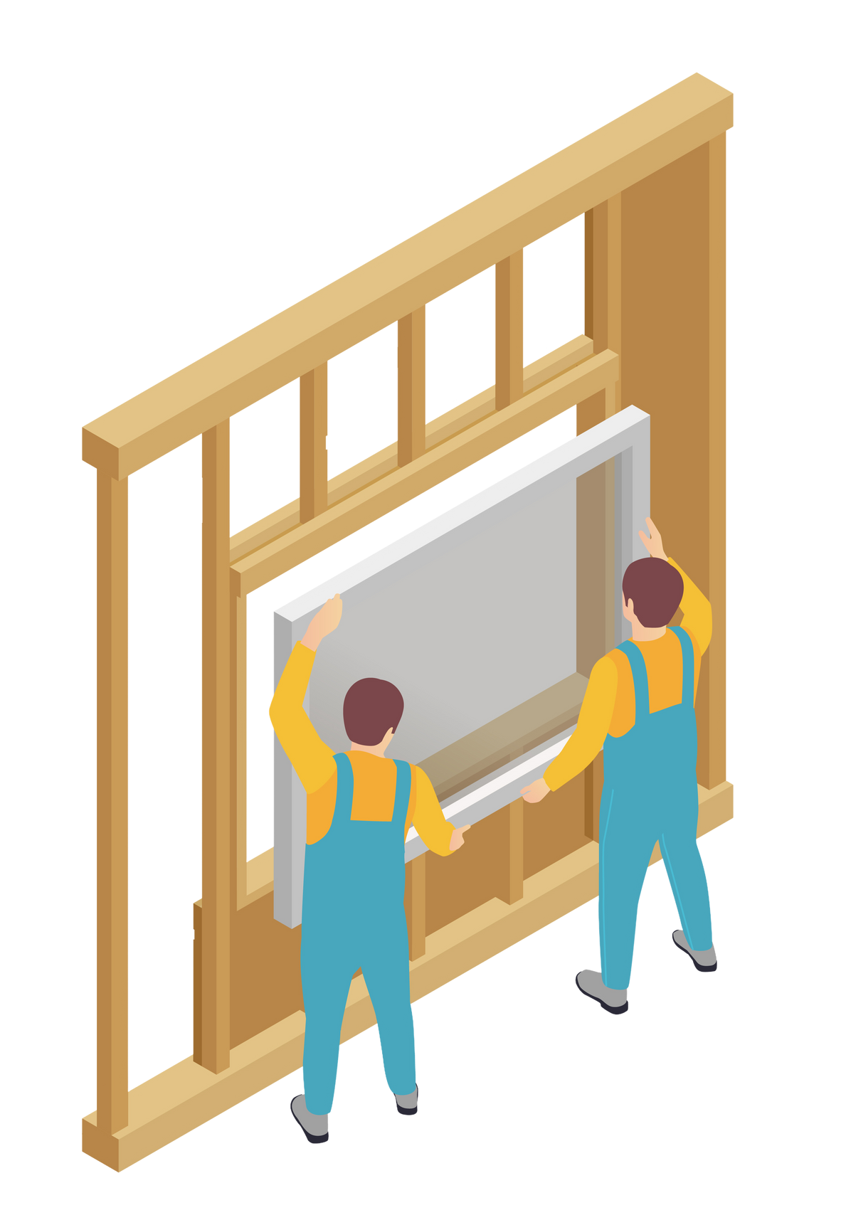 Due operai installano una finestra in un telaio di legno; scena di costruzione.