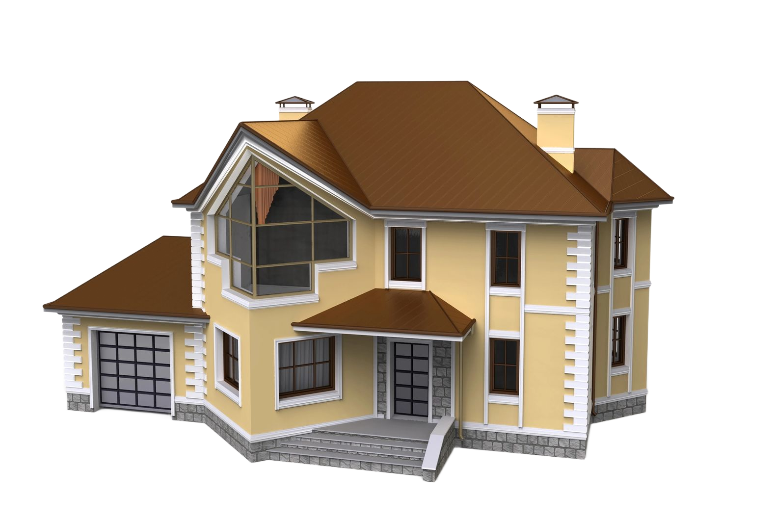 Casa a due piani con tetto marrone e facciata giallo chiaro. Sono visibili anche dettagli in pietra grigia e un garage.