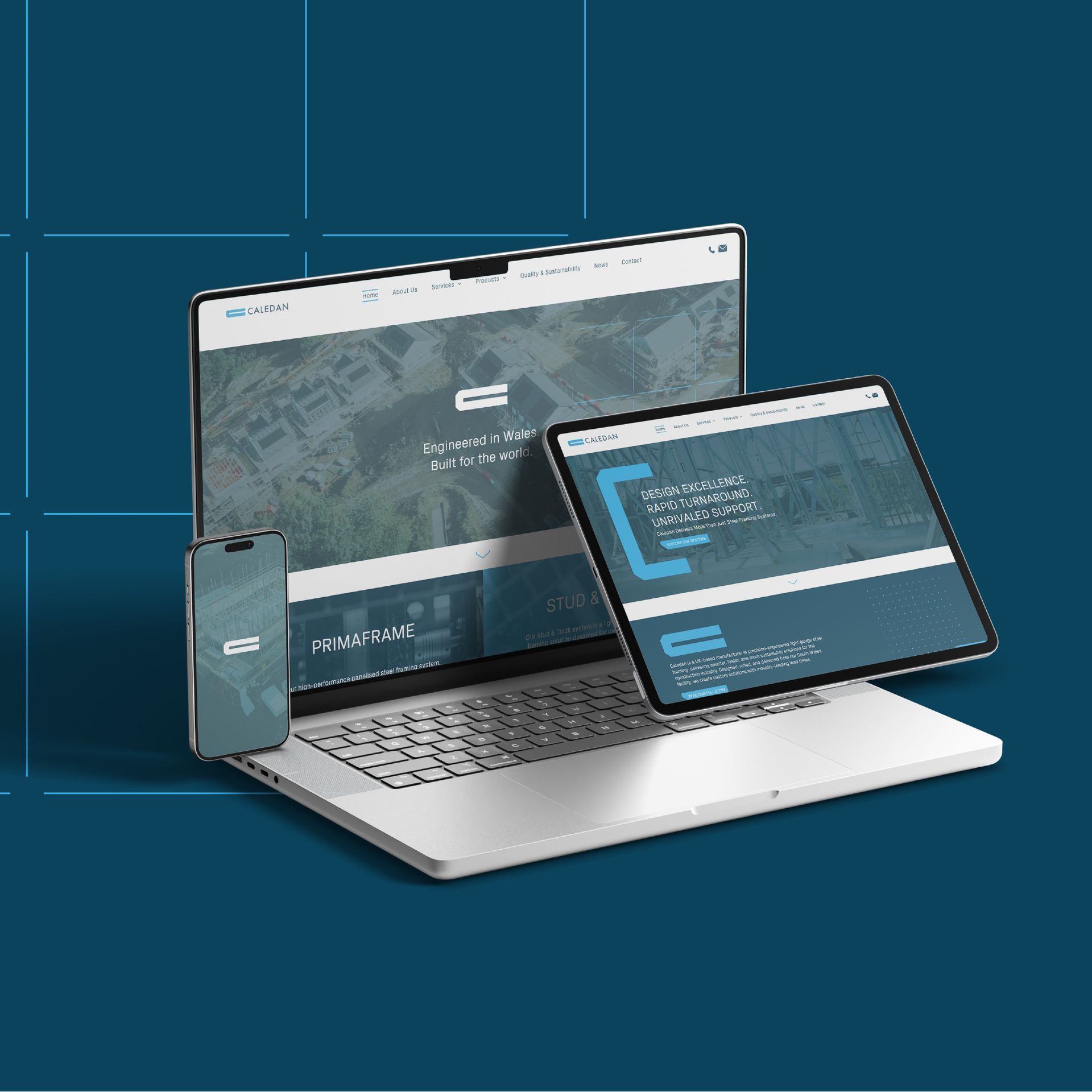 Laptop, tablet, and phone displaying a website on a blue background.