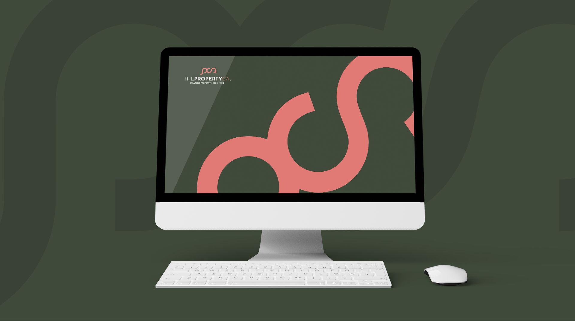 Computer monitor displaying a logo in coral, against a dark green backdrop.