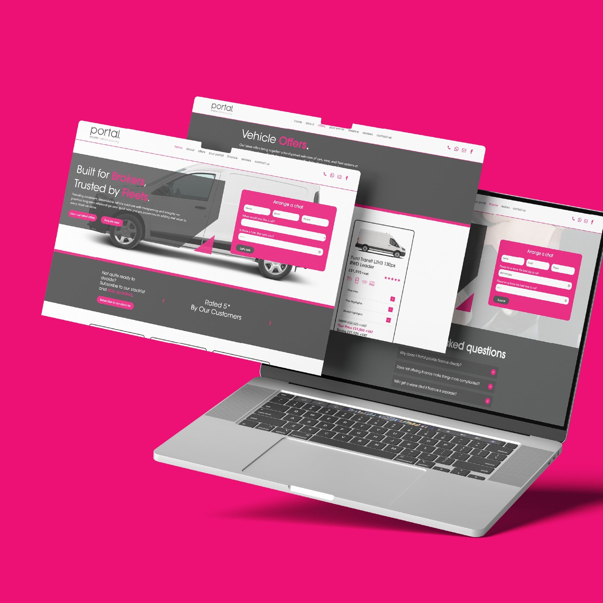 Laptop displaying website mockups on a pink background.
