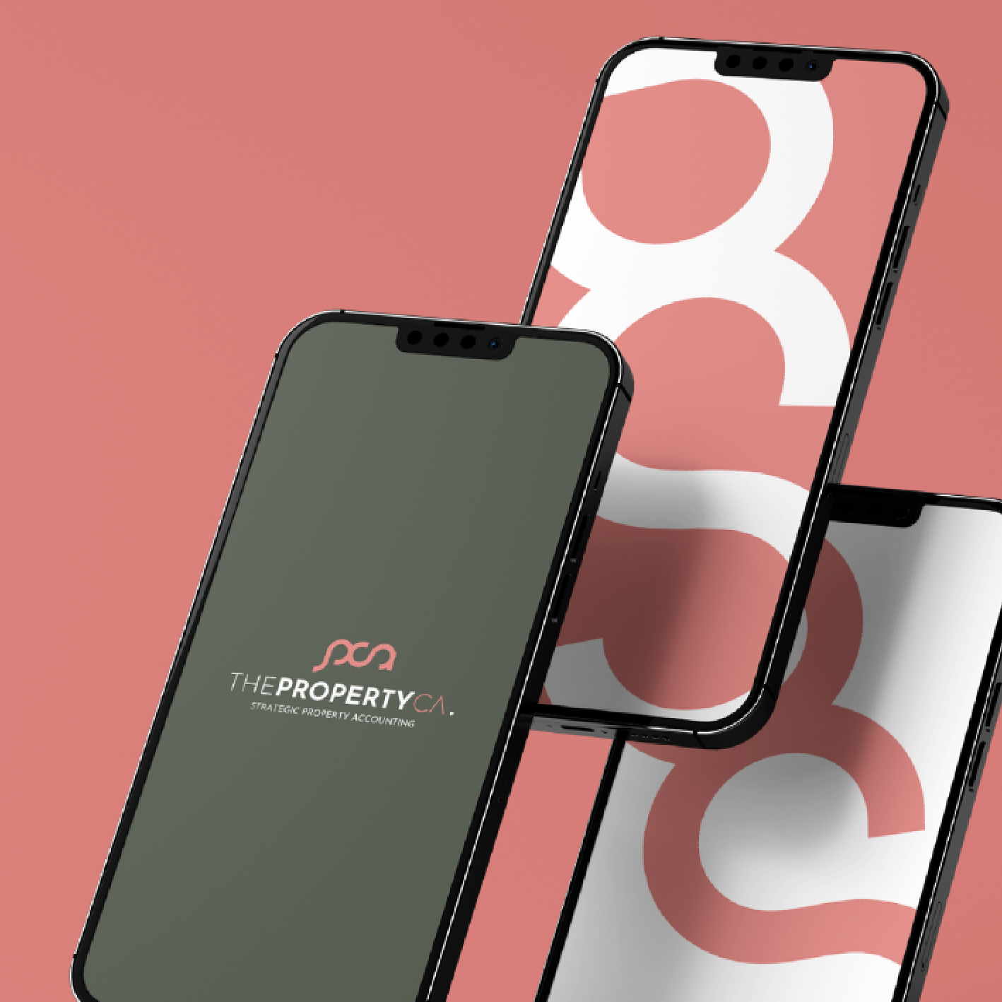Three smartphones with a logo and the number