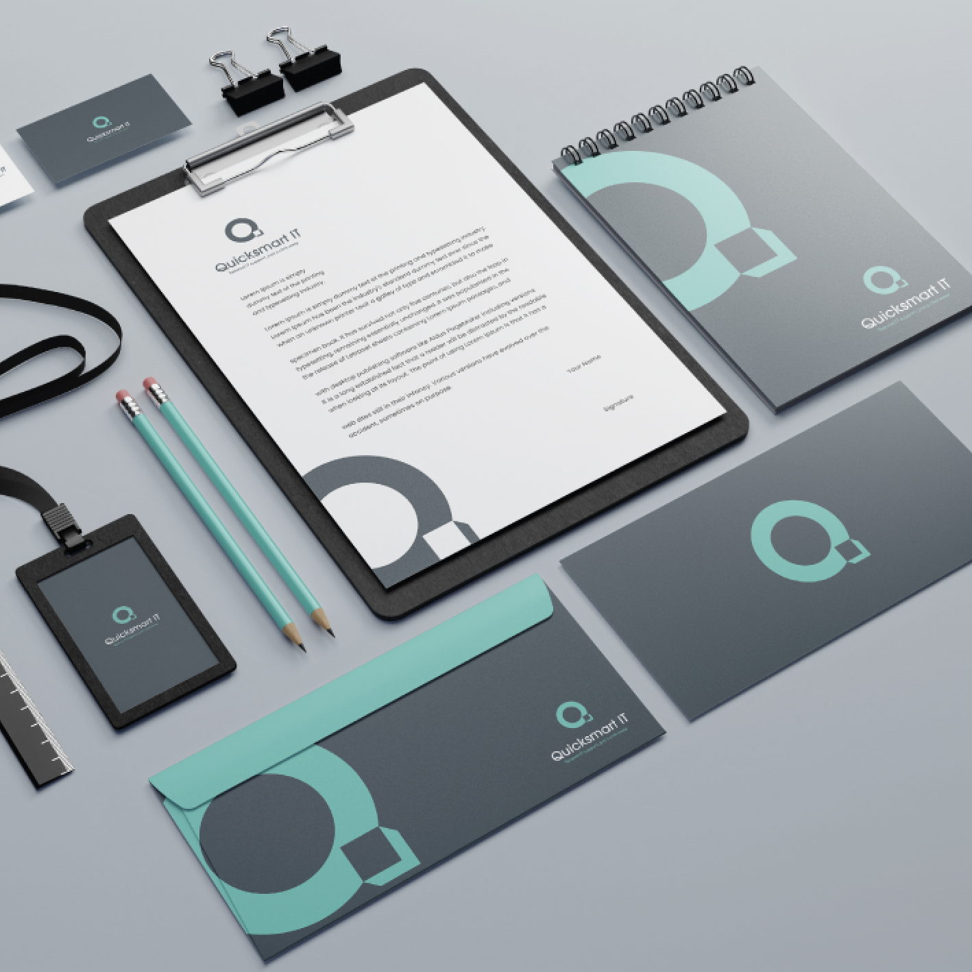 Branding stationery set: letterhead, notepad, business cards, envelope, and ID badge, in gray and teal.