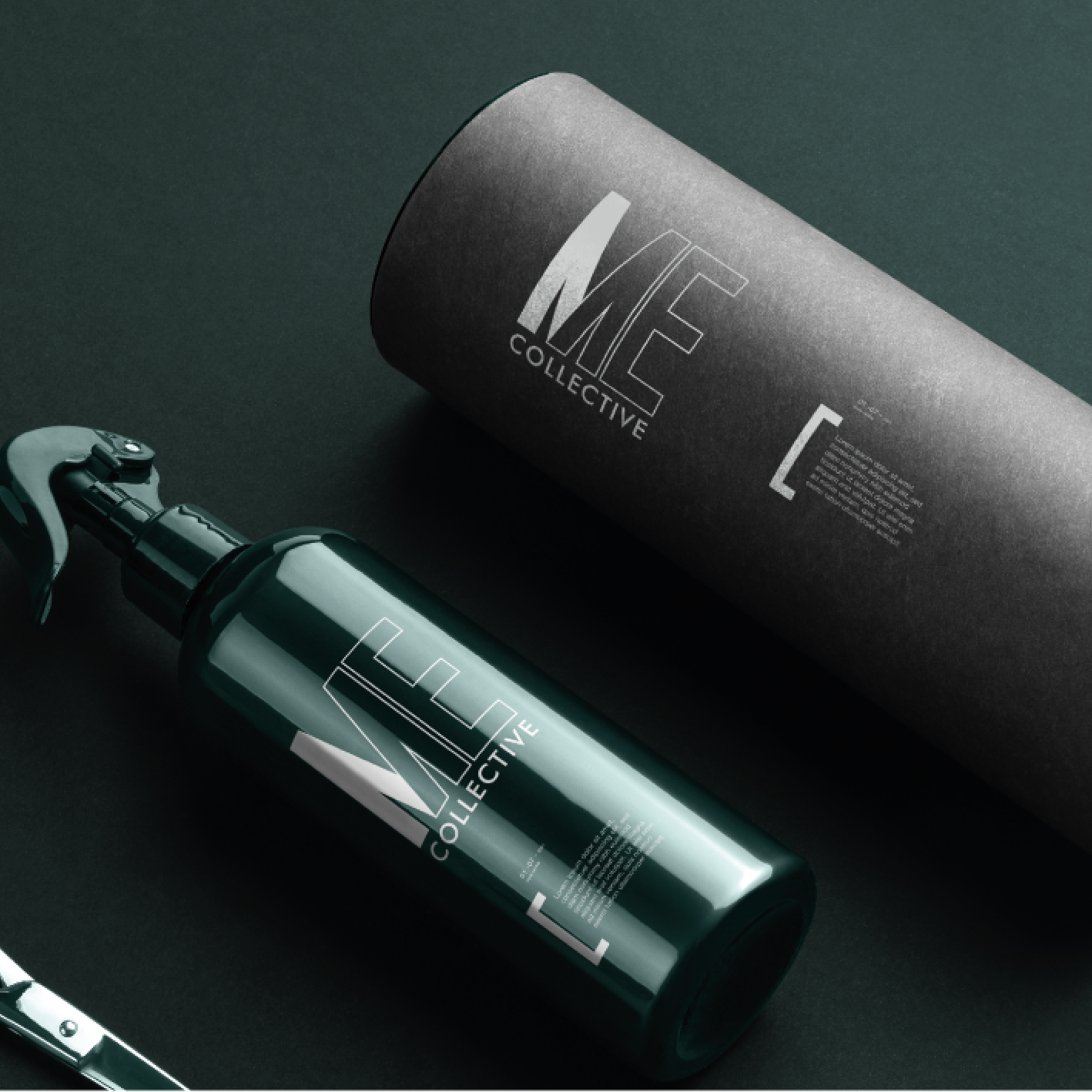 Dark green hair product bottle and cylindrical box with