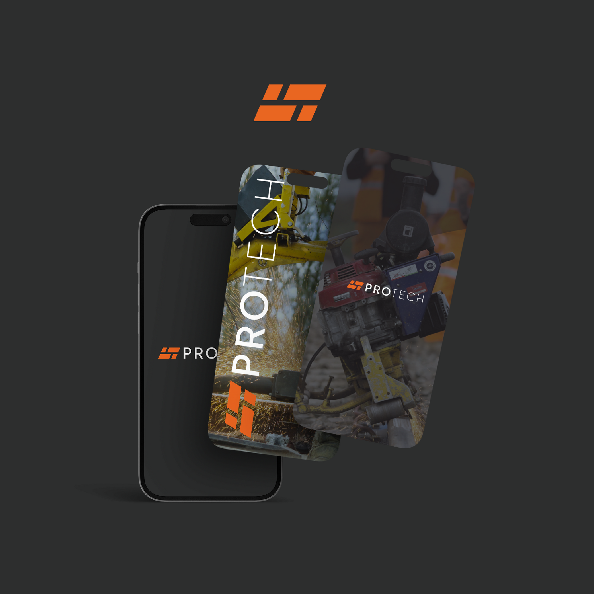 Phone showcasing the PRO TECH app logo. A device with the logo and a screen showcasing an outdoor power tool.