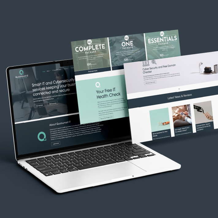 Laptop displaying website design. Turquoise and white color scheme.
