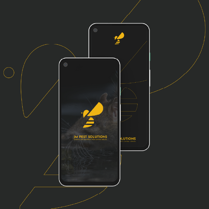 Two smartphones display the Bee Pest Solutions logo on a dark background with gold accents.