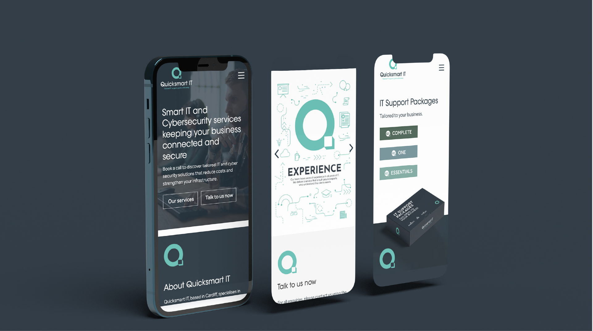 Three smartphones with app screens: user profile, QR code, and settings menu. Teal and white UI with logo.