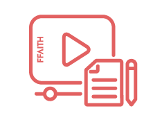 Video player icon with document and pencil, text 