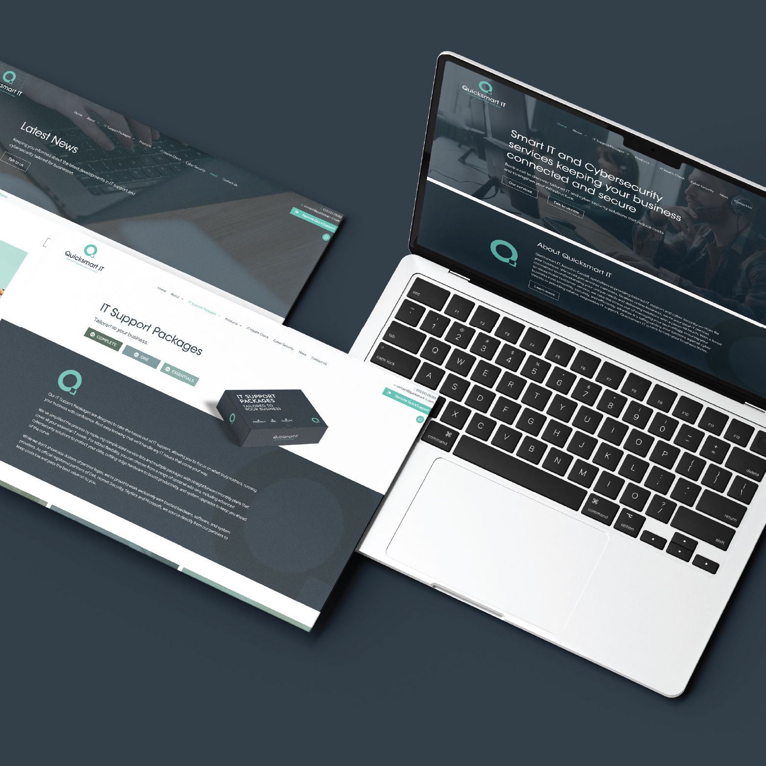 Laptop and web page mockups on a dark blue surface. The website design is light blue, white, and dark grey.