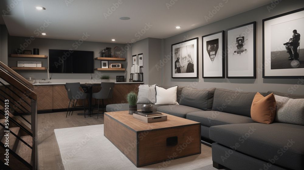 Modern living room with a gray sectional sofa, art prints, and a wood coffee table.