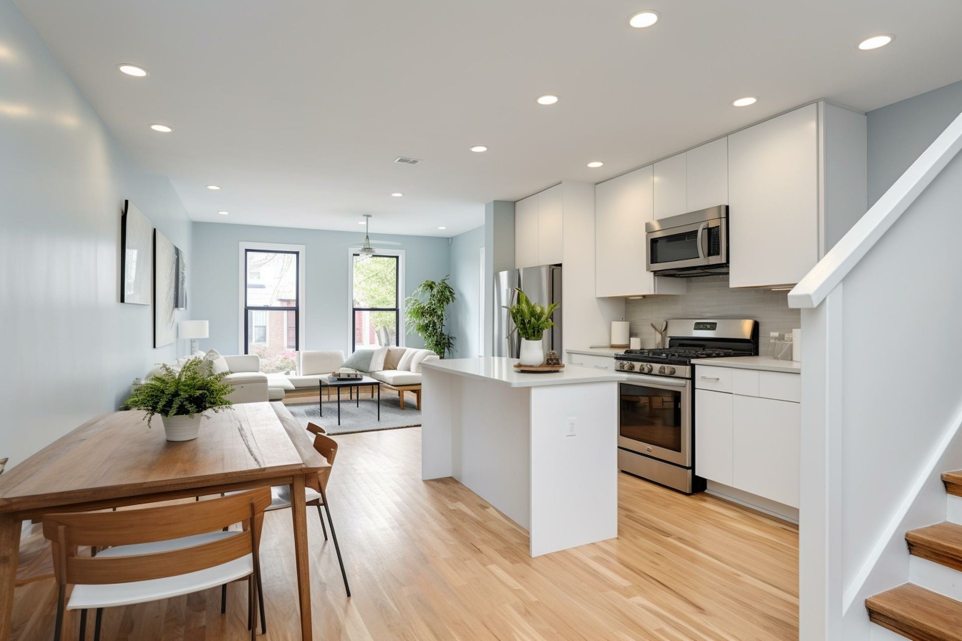 Modern, light-filled home interior with dining area, kitchen, and living room in pastel blue and white tones.