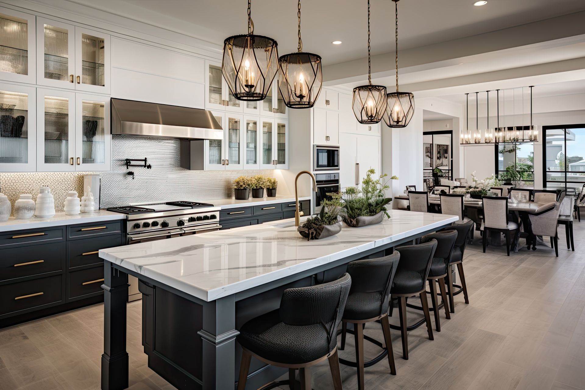 Elegant kitchen with large island, pendant lights, dark cabinets, and dining area.