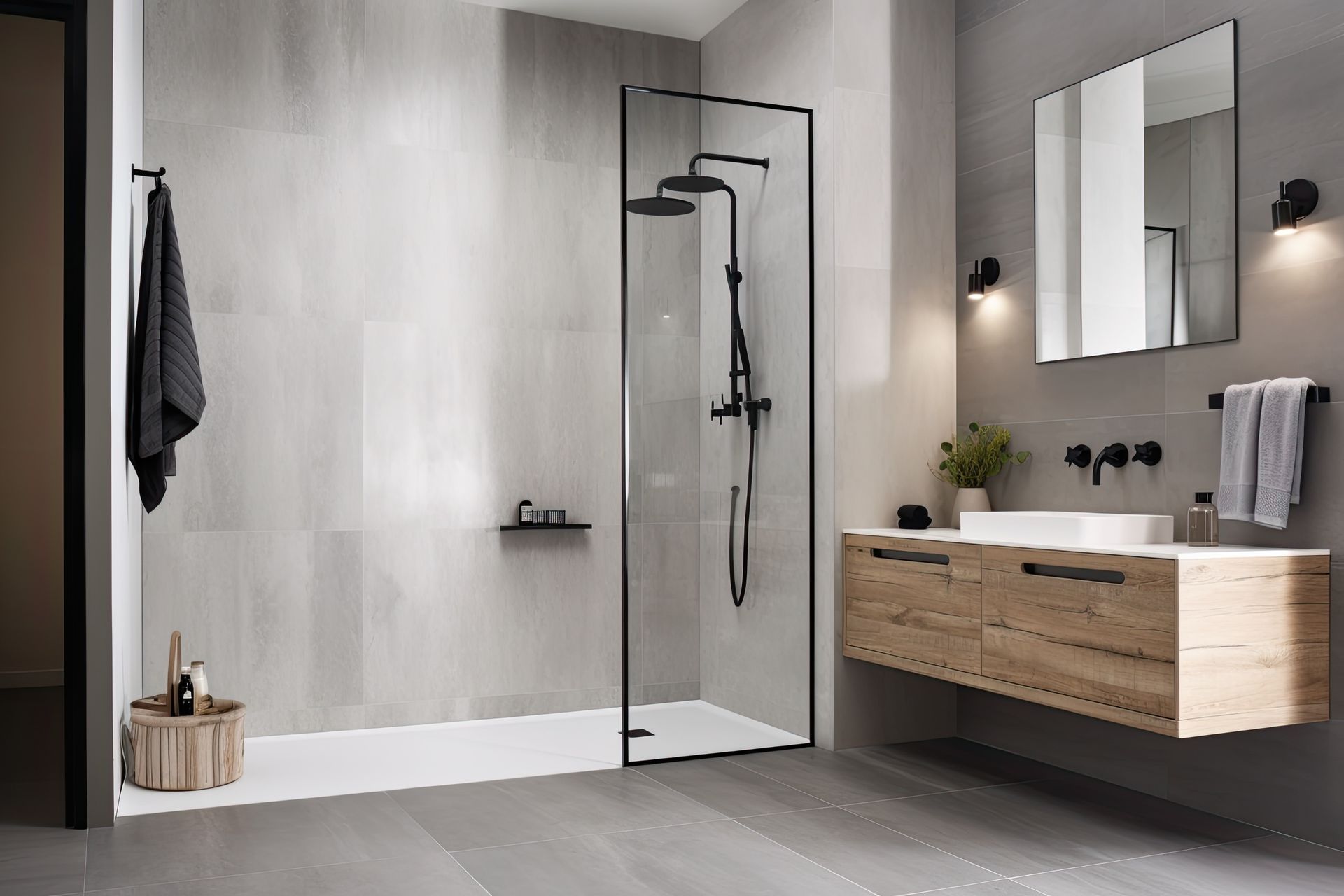 Modern bathroom with gray walls, wooden vanity, black shower fixtures, and glass shower door.
