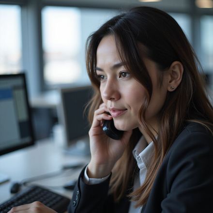 Woman in blazer on phone at desk, looking thoughtful. Office setting, blurred background.