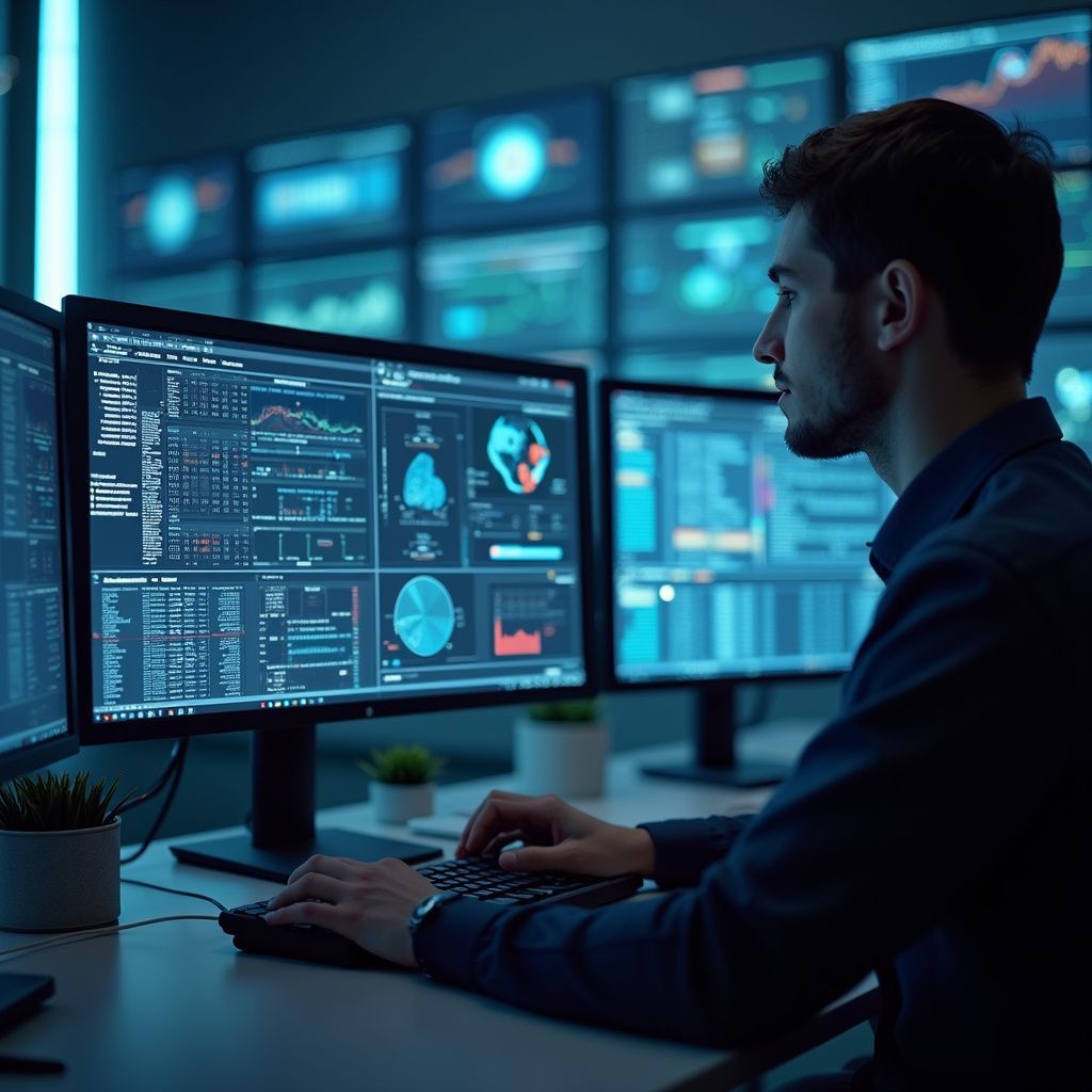 Man analyzing data on multiple computer screens in a control room.