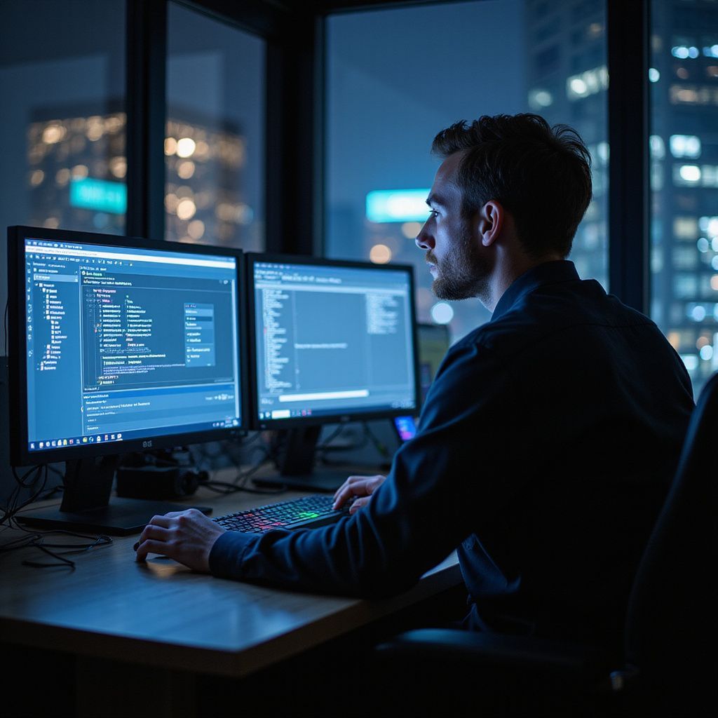 A man coding at a computer, two monitors in a dark office at night, city lights in the background.