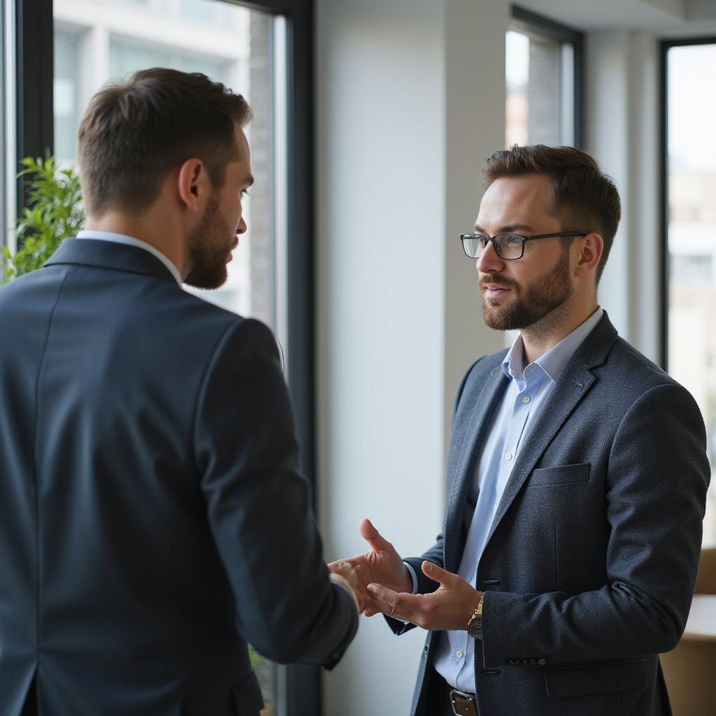 Two businessmen in suits conversing near a window. One gestures with hands, the other listens attentively.