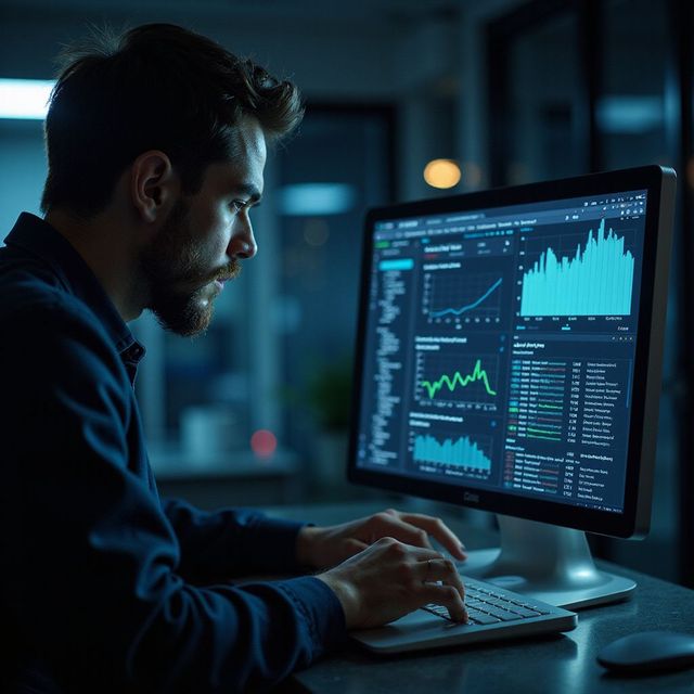 Man analyzing data on computer screen, dark office setting, focused expression, graphs displayed.