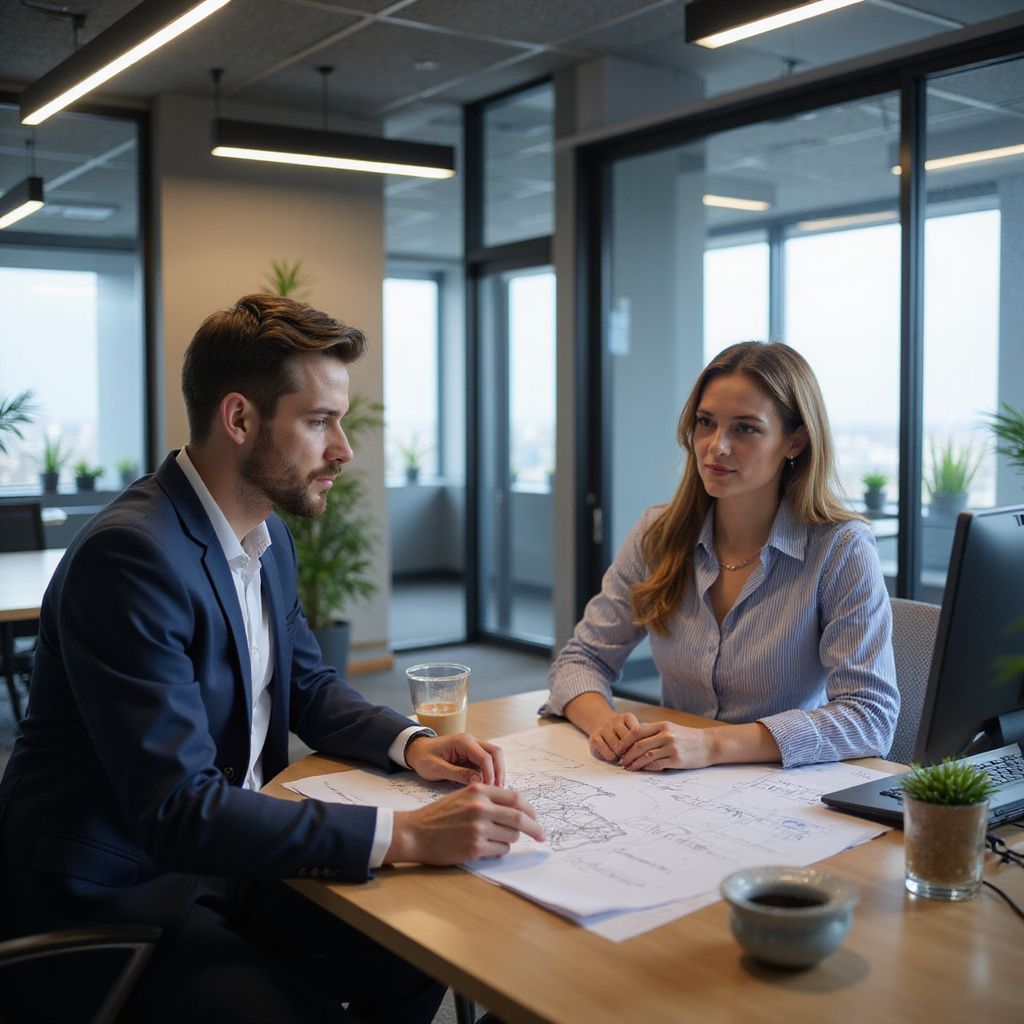 Man and woman reviewing blueprints in a modern office setting, discussing project details.