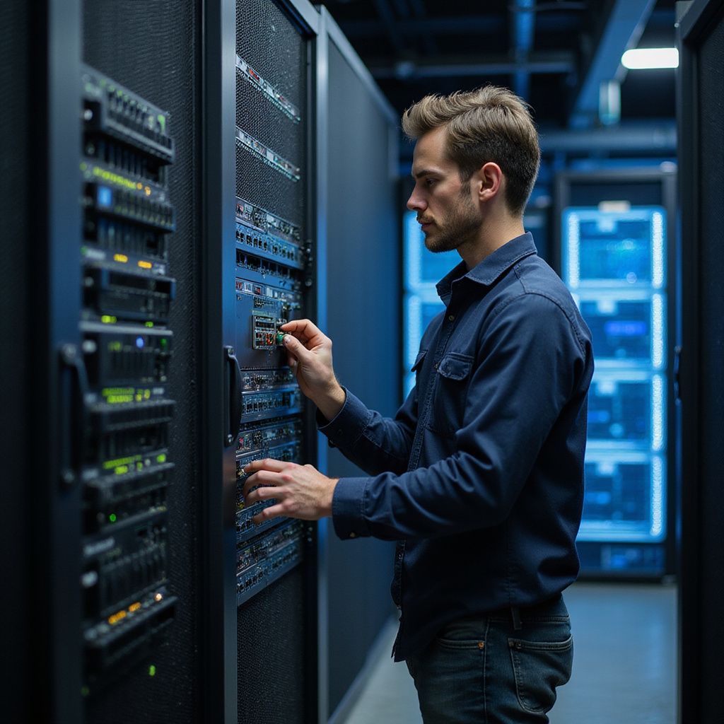 Man in blue shirt working on server racks in a data center.