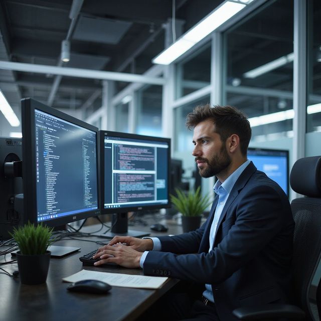 Man in suit coding at a desk with two monitors displaying code in an office.