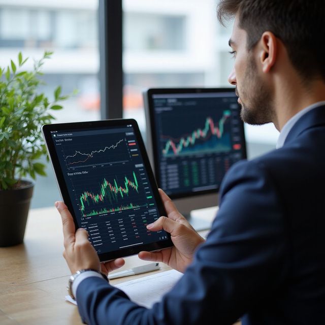 Man in suit analyzing stock charts on a tablet and computer screen. Office setting.
