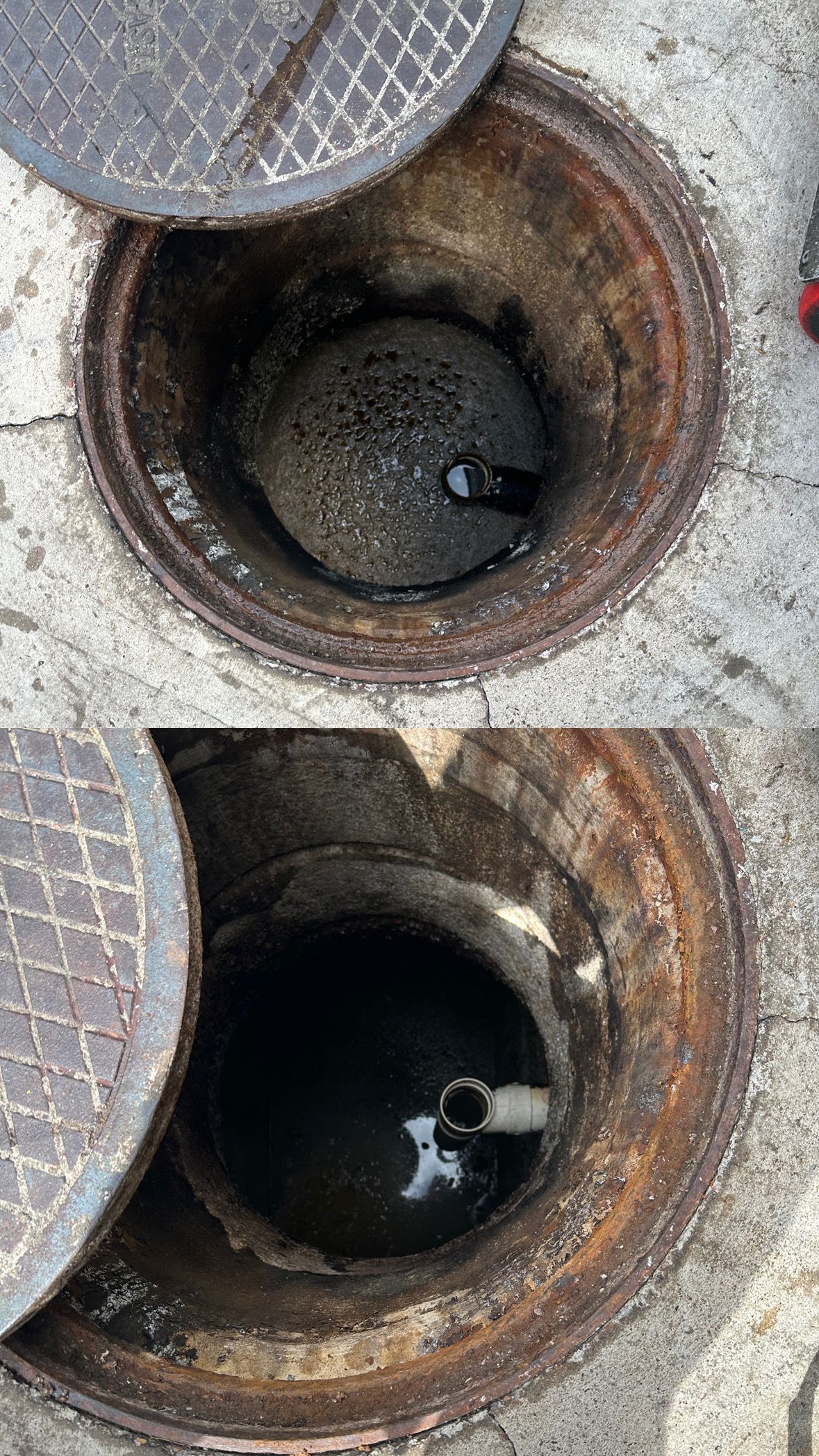 Two pictures of a manhole cover before and after being cleaned.