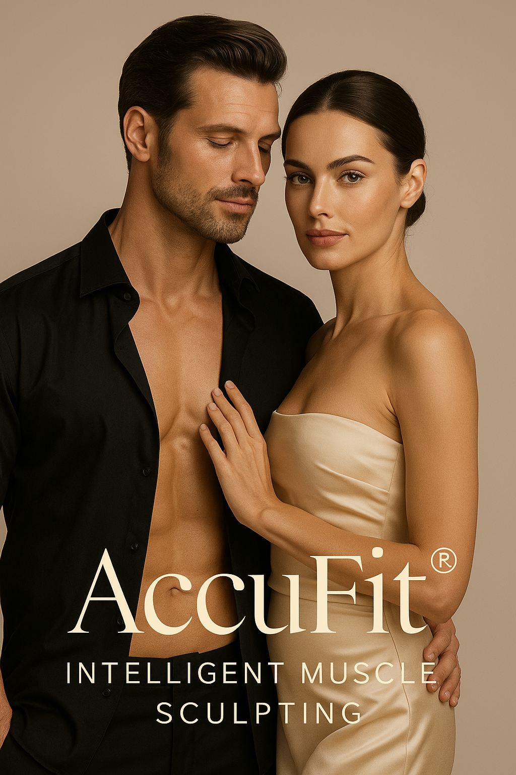 AccuFit®: Intelligent, precision muscle sculpting for the refined, sculpted body you deserve. Luxurious portrait of a fit, elegant couple representing AccuFit® Intelligent Muscle Sculpting at Mirelle Institute for Anti-Aging Medicine, symbolizing strength, vitality, and refined body contouring.