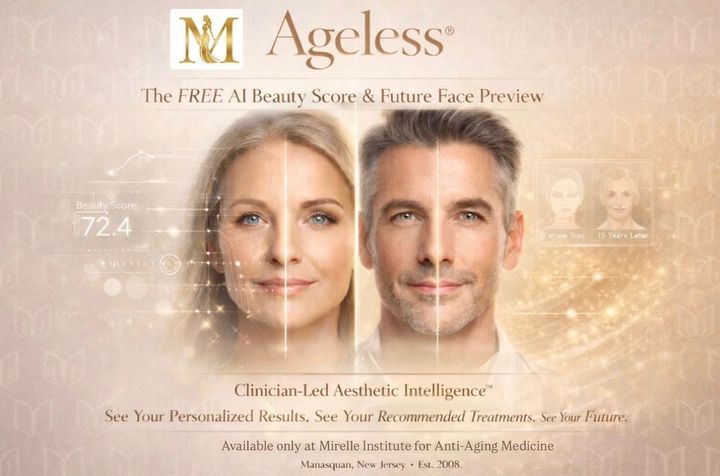 Mirelle Institute Ageless Test: Clinical AI visualization for 15-year future aging forecast and non-surgical rejuvenation