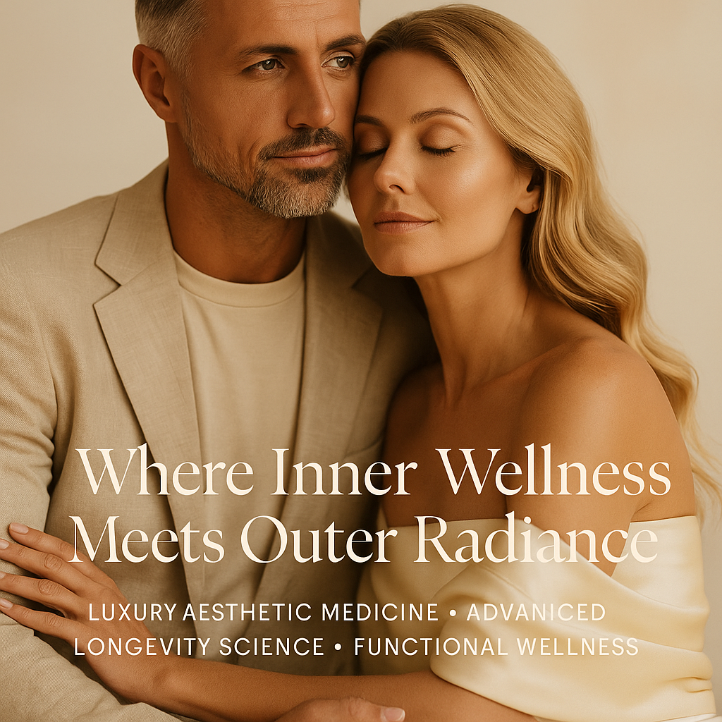 Elegant mature couple embracing in soft champagne lighting, showcasing radiant skin and refined beauty—representing Mirelle Institute’s holistic approach to functional wellness, longevity medicine, and luxury aesthetic treatments.