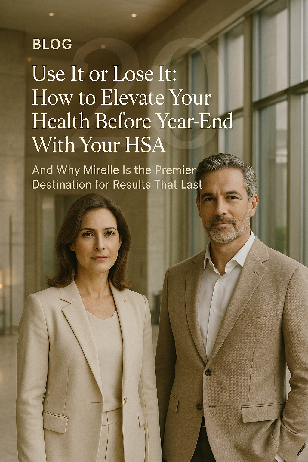 A sophisticated mid-40s couple inside a luxury longevity clinic with a soft champagne countdown moti