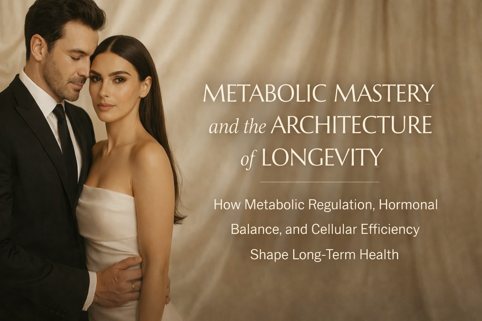 Elegant couple in soft neutral tones representing metabolic health, hormonal balance, and longevity 