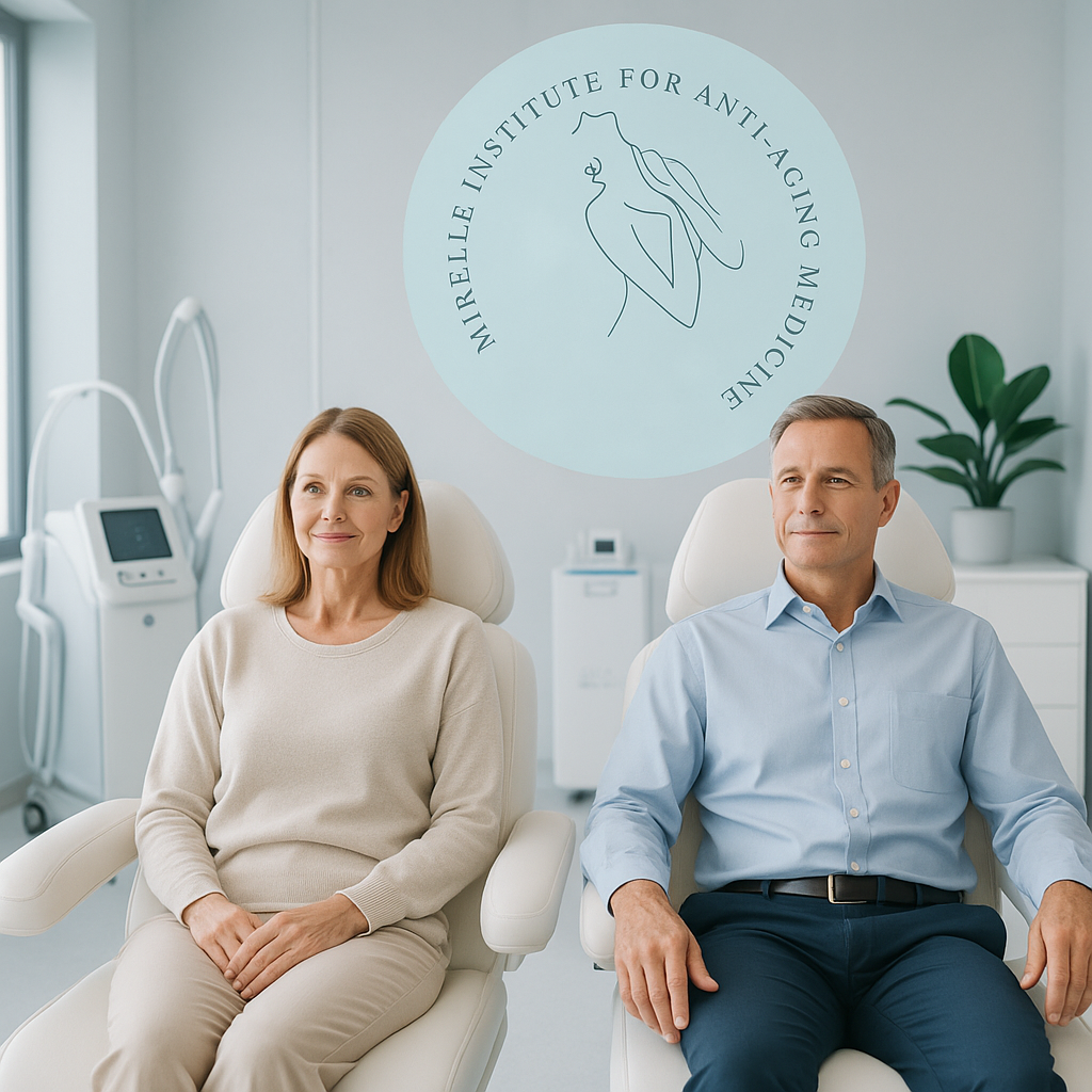 A man and woman seated in advanced treatment chairs at the modern longevity clinic Mirelle AntiAging