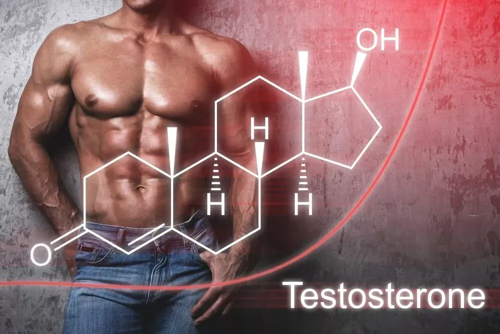 A man without a shirt is standing in front of a chemical structure of testosterone.