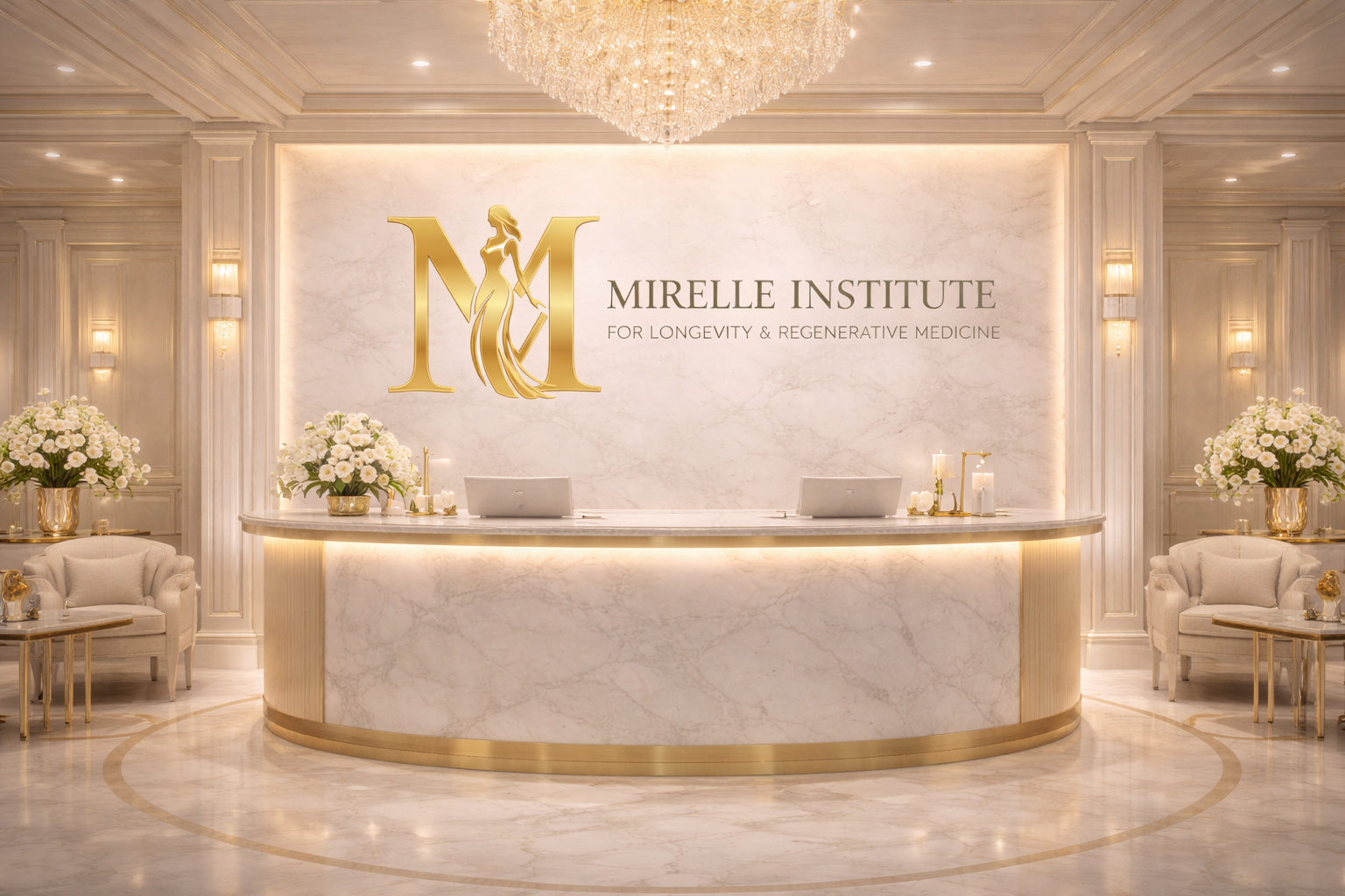 Modern marble reception desk at Mirelle Institute for Longevity & Regenerative Medicine in Manasquan, NJ, featuring the clinical logo and luxury aesthetic interior for functional medicine and regenerative treatments.